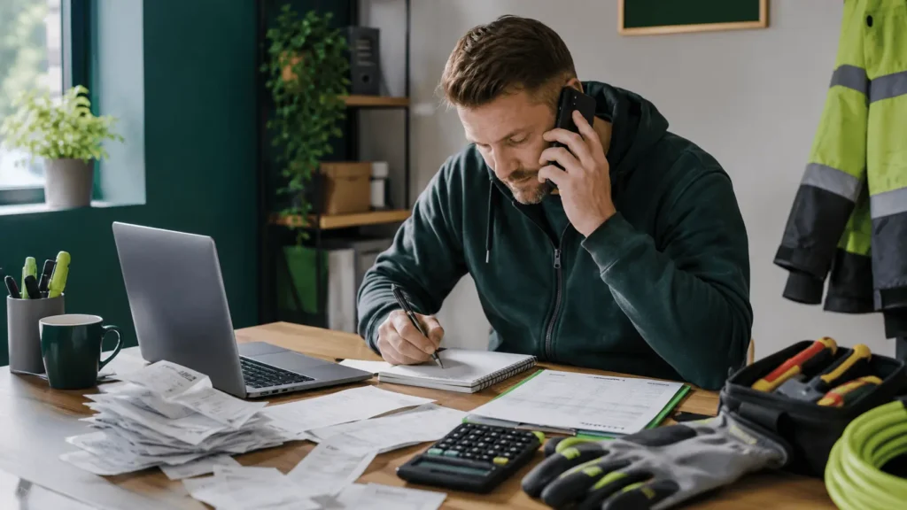 Electrician at desk with laptop receipts calculator and phone