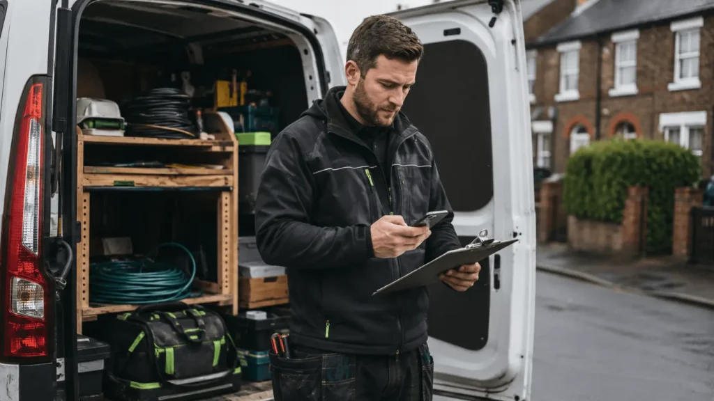 Electrician beside the work van using phone and clipboard