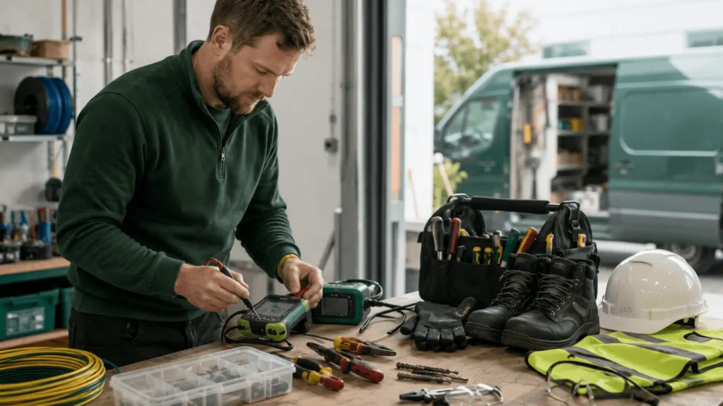 Electrician with testing equipment, tools, boots and PPE