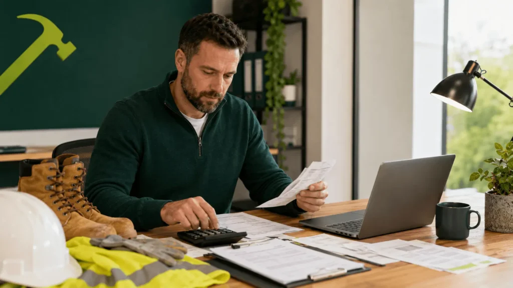 Tradesperson using calculator with receipts