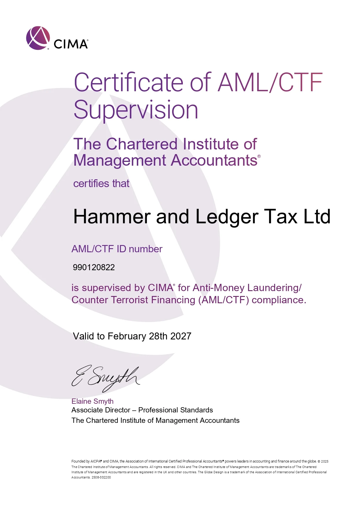 CIMA AML and CTF supervision certificate for Hammer and Ledger Tax Ltd