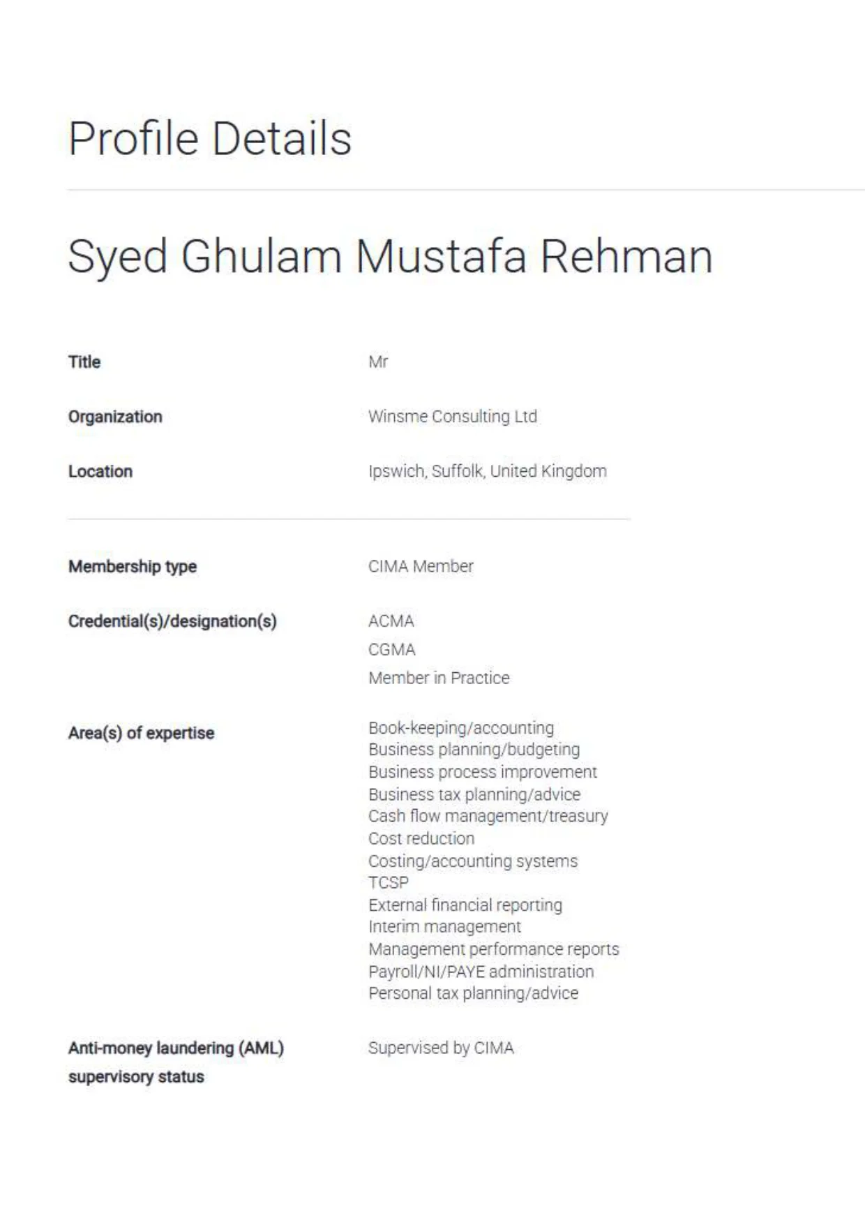 CIMA professional profile for Mustafa Rehman showing ACMA, CGMA and Member in Practice status