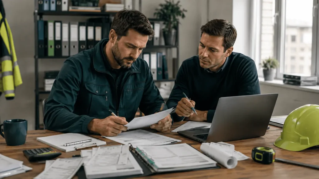 Builder and adviser working through documents together