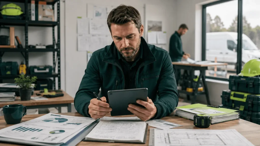 Builder reviewing business information on a tablet