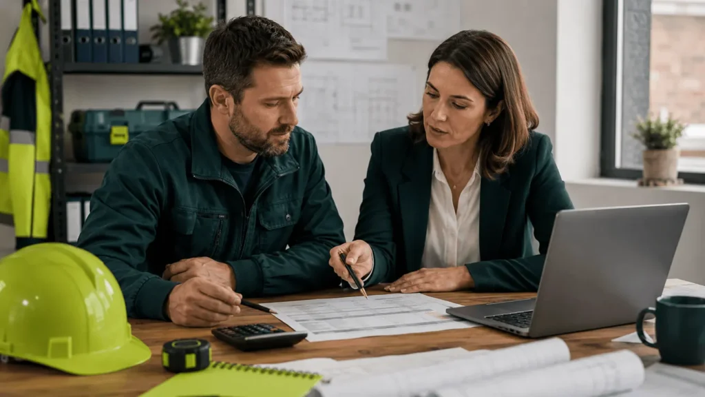 Builder sitting with accountant/adviser reviewing figures