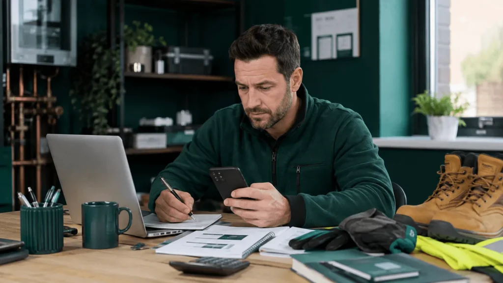 Plumber at a desk with laptop, phone, paperwork, boots and workwear