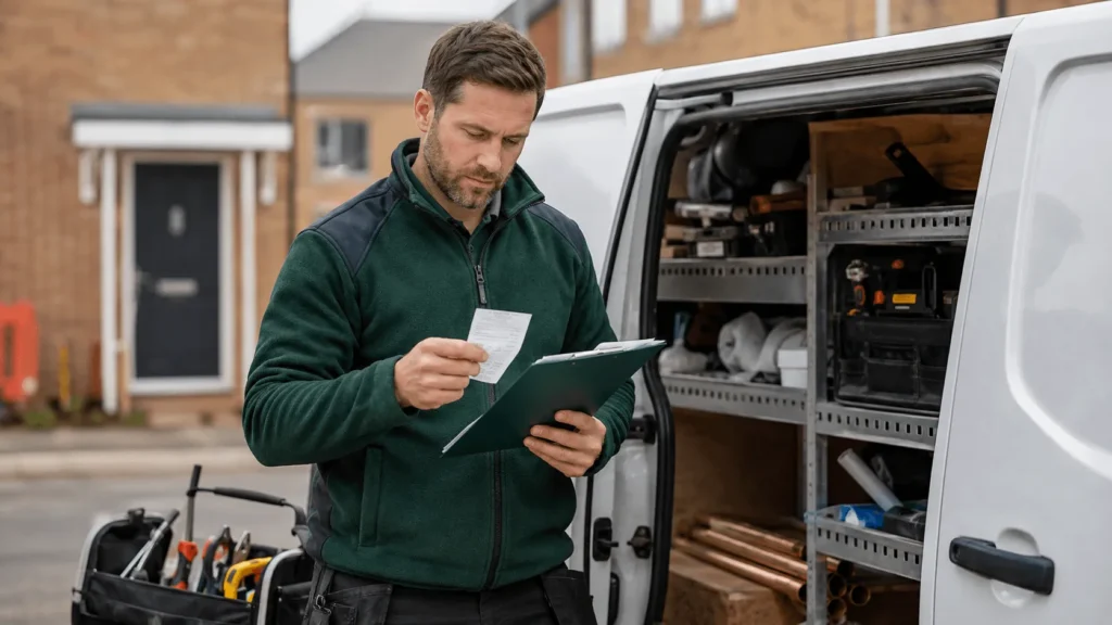 Plumber checking paperwork beside a fully equipped work van