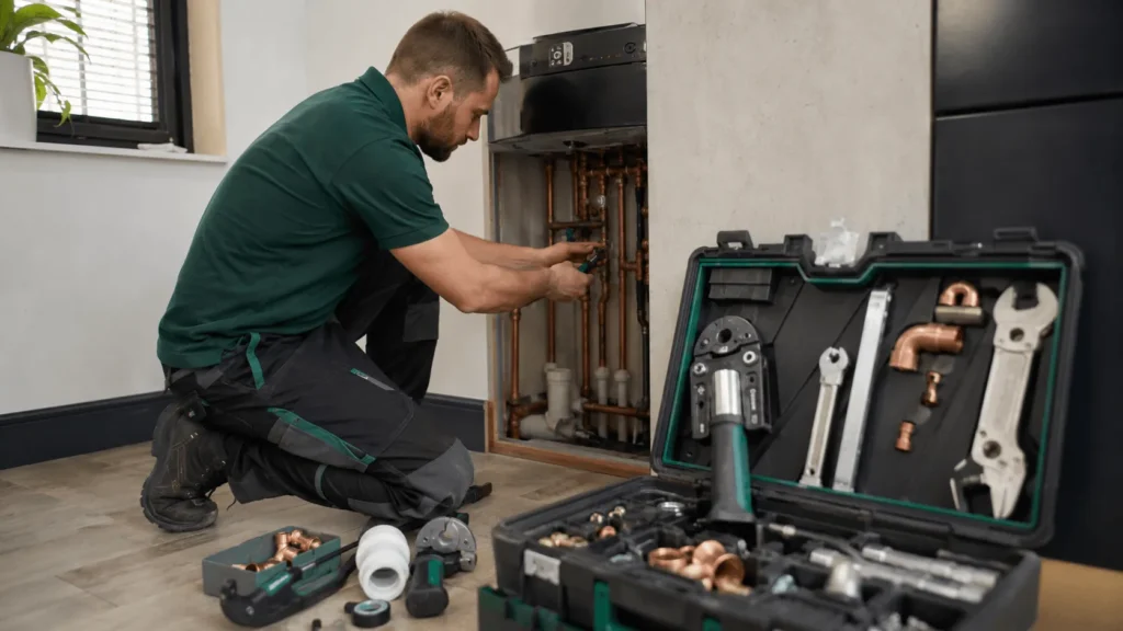 Plumber working on copper pipes with tools in the foreground